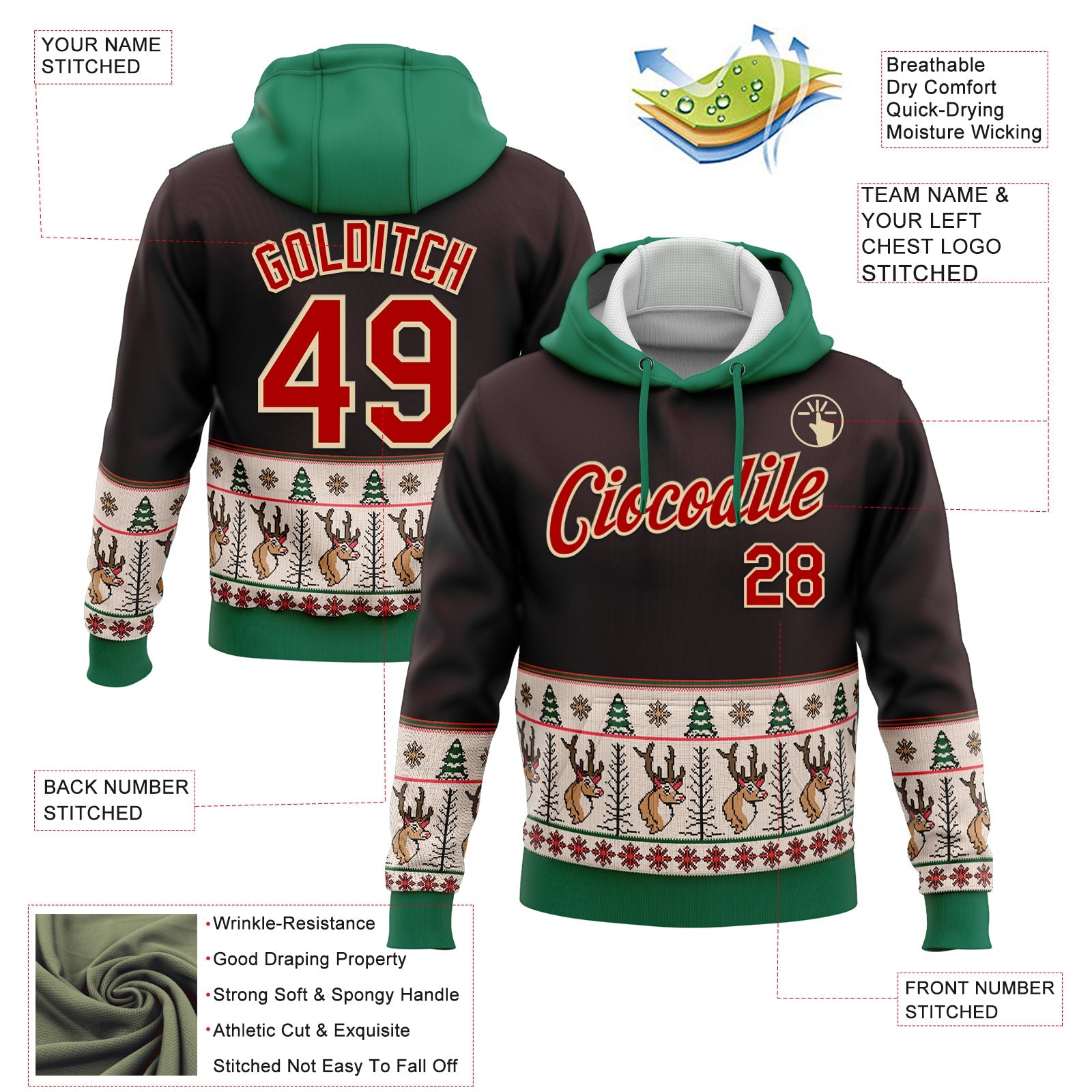 Custom Stitched Brown Red Cream-Kelly Green Christmas 3D Sports Pullover Sweatshirt Hoodie view 2