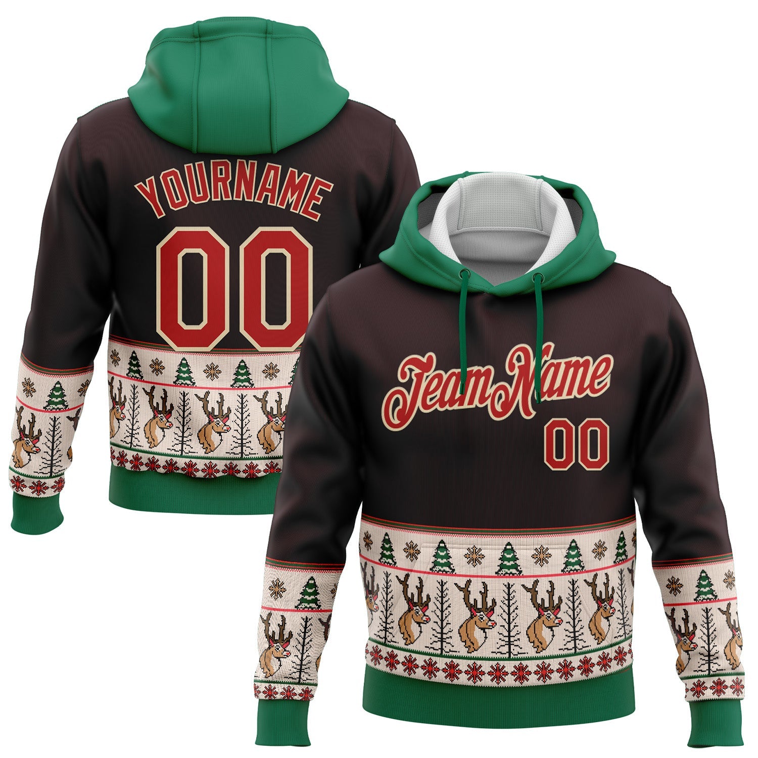 Custom Stitched Brown Red Cream-Kelly Green Christmas 3D Sports Pullover Sweatshirt Hoodie - Main View