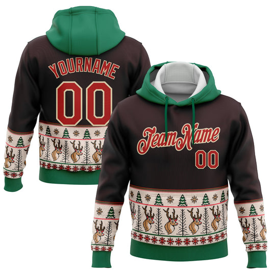 Custom Stitched Brown Red Cream-Kelly Green Christmas 3D Sports Pullover Sweatshirt Hoodie - Main View