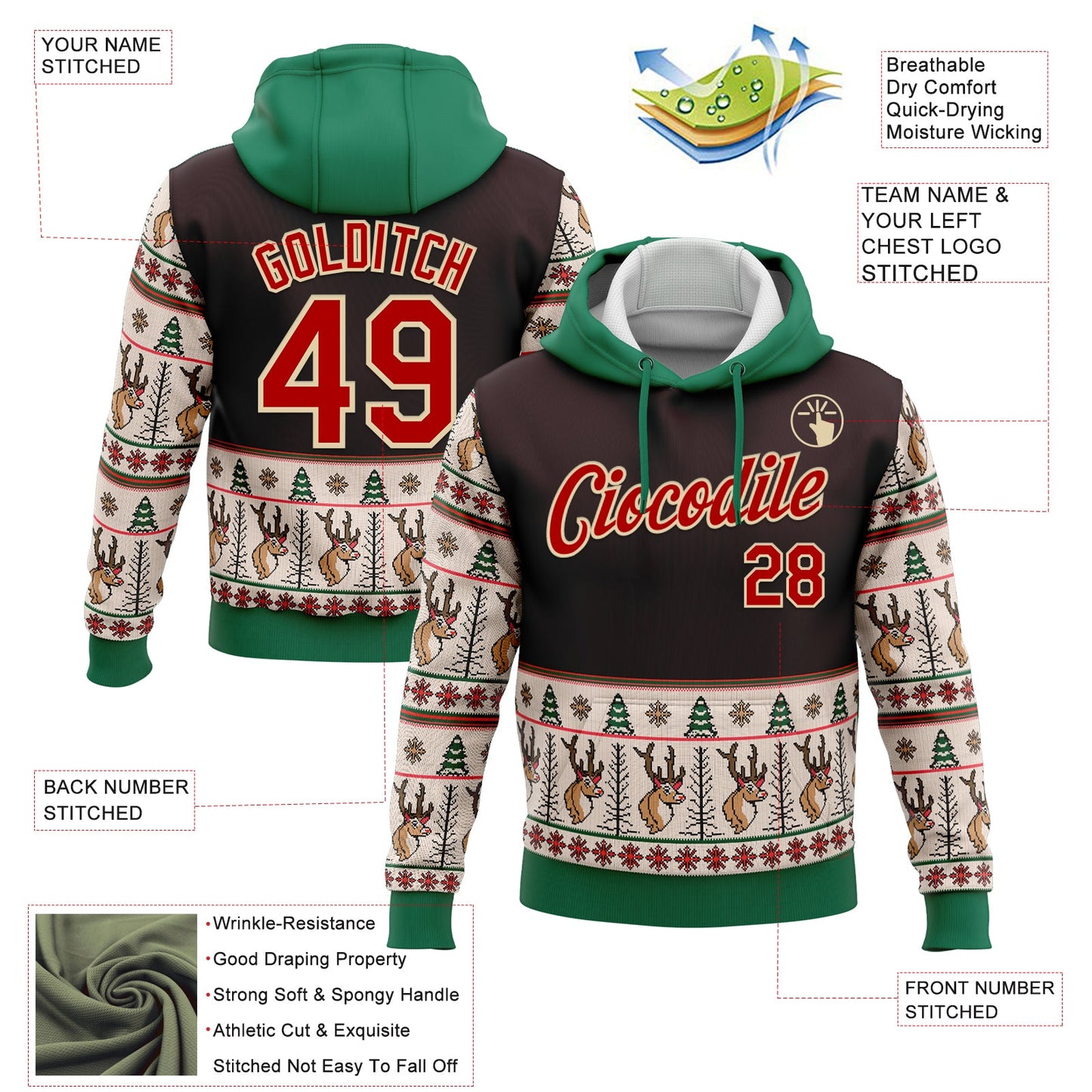 Custom Stitched Brown Red Cream-Kelly Green Christmas 3D Sports Pullover Sweatshirt Hoodie view 2