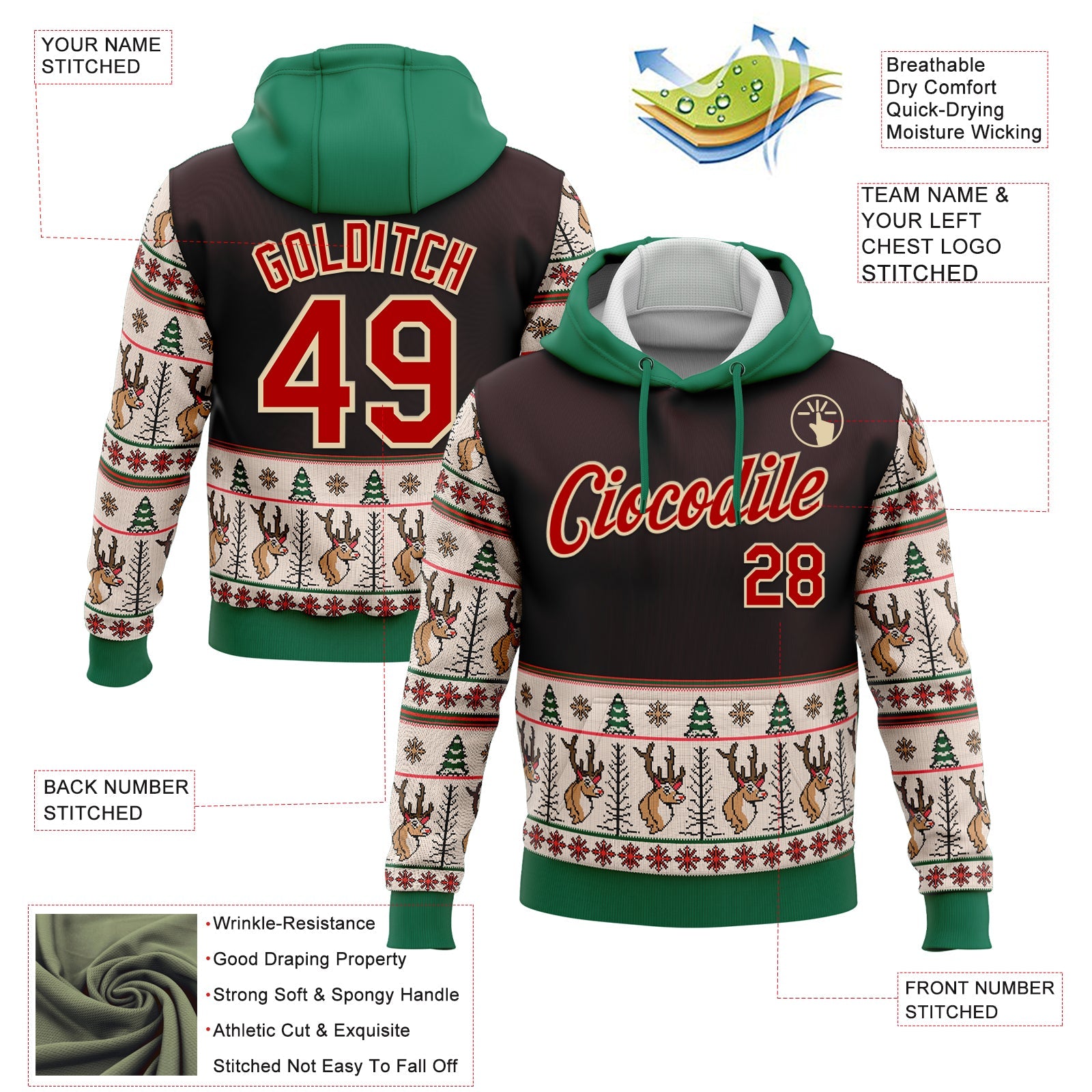 Custom Stitched Brown Red Cream-Kelly Green Christmas 3D Sports Pullover Sweatshirt Hoodie view 2