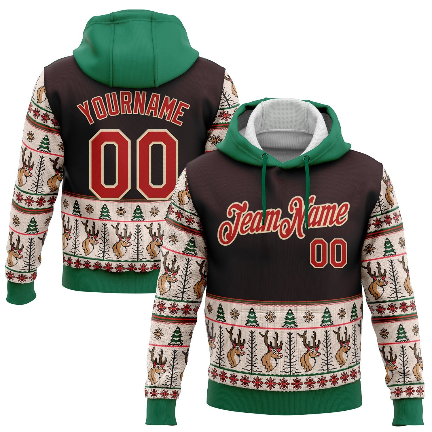 Custom Stitched Brown Red Cream-Kelly Green Christmas 3D Sports Pullover Sweatshirt Hoodie - Main View