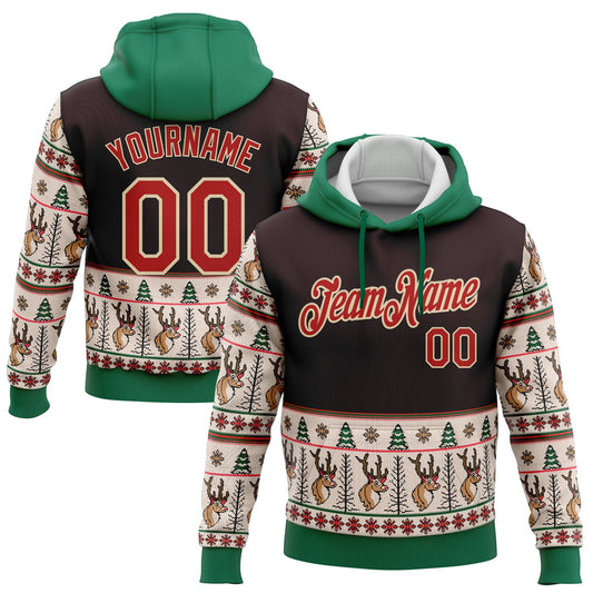 Custom Stitched Brown Red Cream-Kelly Green Christmas 3D Sports Pullover Sweatshirt Hoodie - Main View