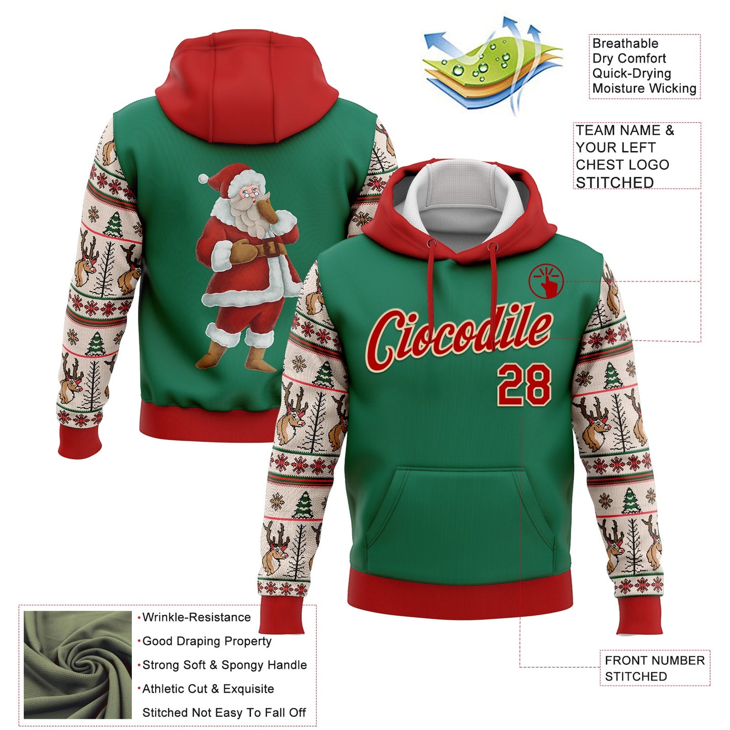 Custom Stitched Kelly Green Red-Cream Christmas 3D Sports Pullover Sweatshirt Hoodie view 2