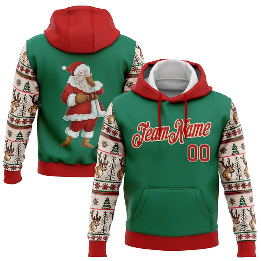 Custom Stitched Kelly Green Red-Cream Christmas 3D Sports Pullover Sweatshirt Hoodie - Main View