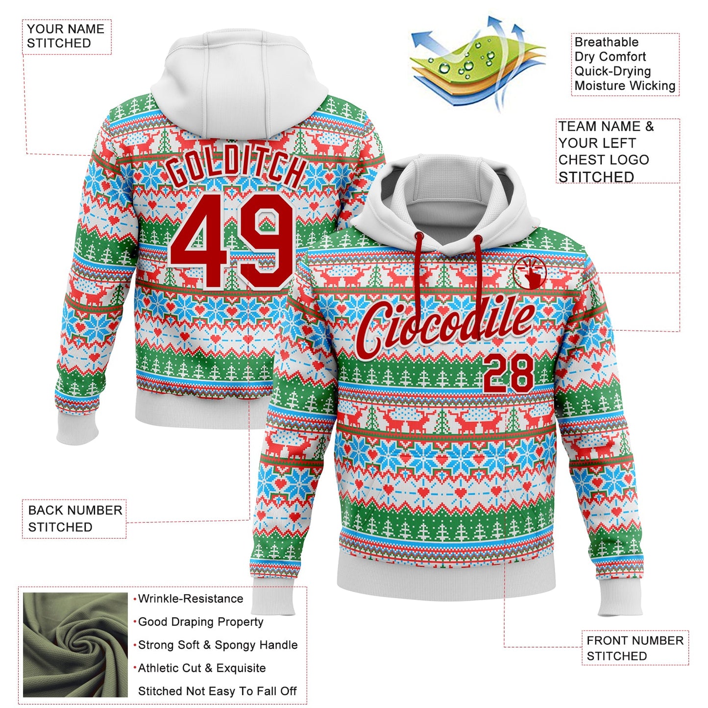 Custom Stitched White Red Christmas 3D Sports Pullover Sweatshirt Hoodie view 2