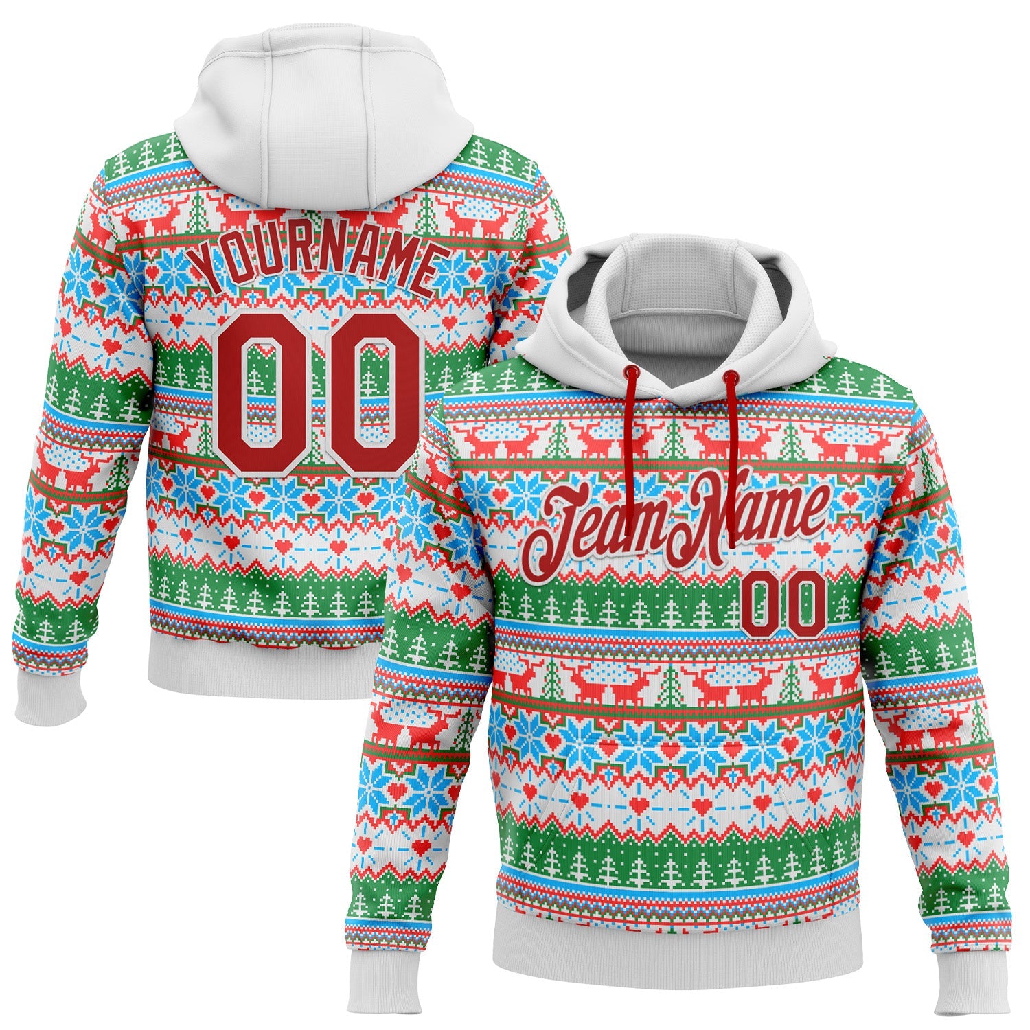 Custom Stitched White Red Christmas 3D Sports Pullover Sweatshirt Hoodie - Main View