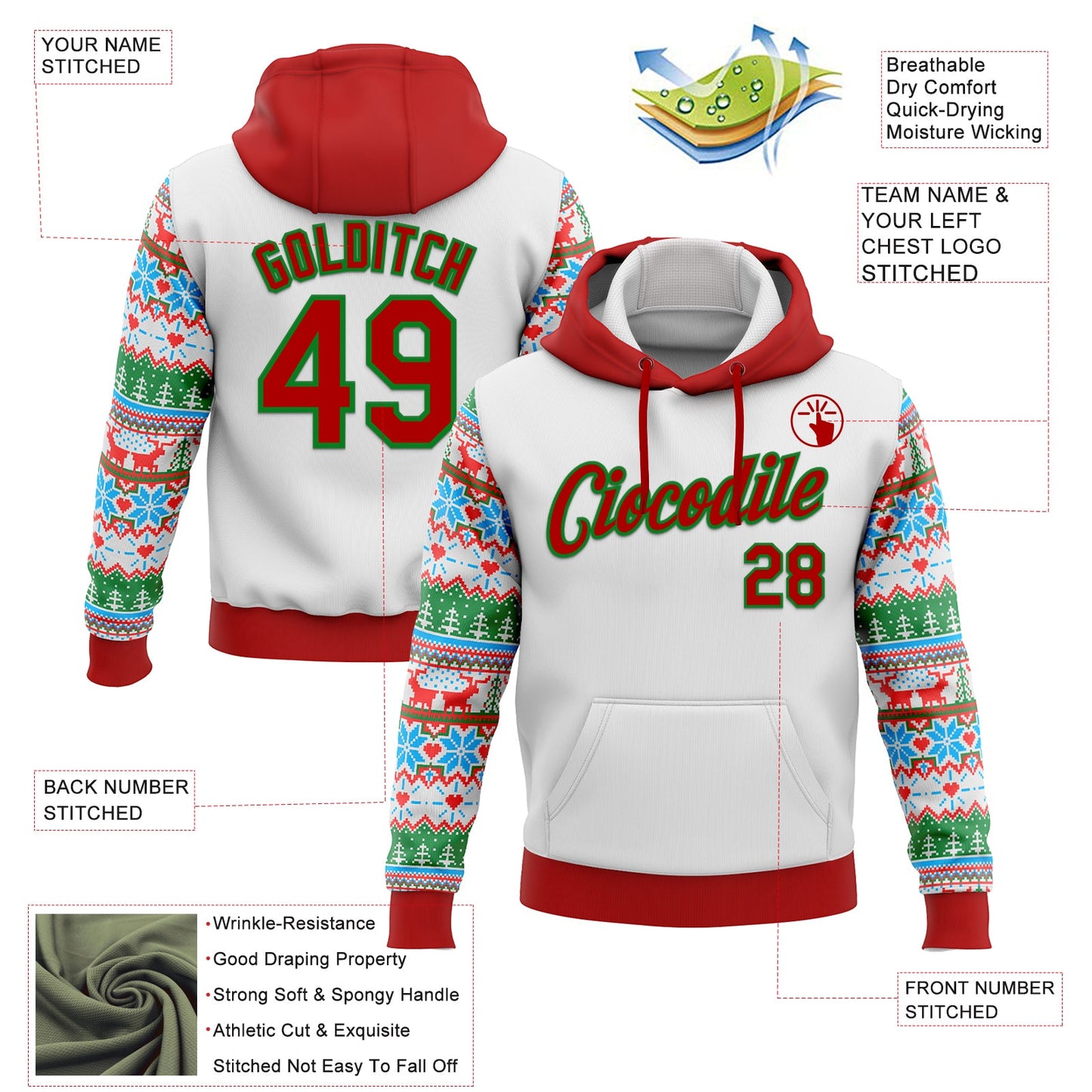 Custom Stitched White Red-Grass Green Christmas 3D Sports Pullover Sweatshirt Hoodie view 2