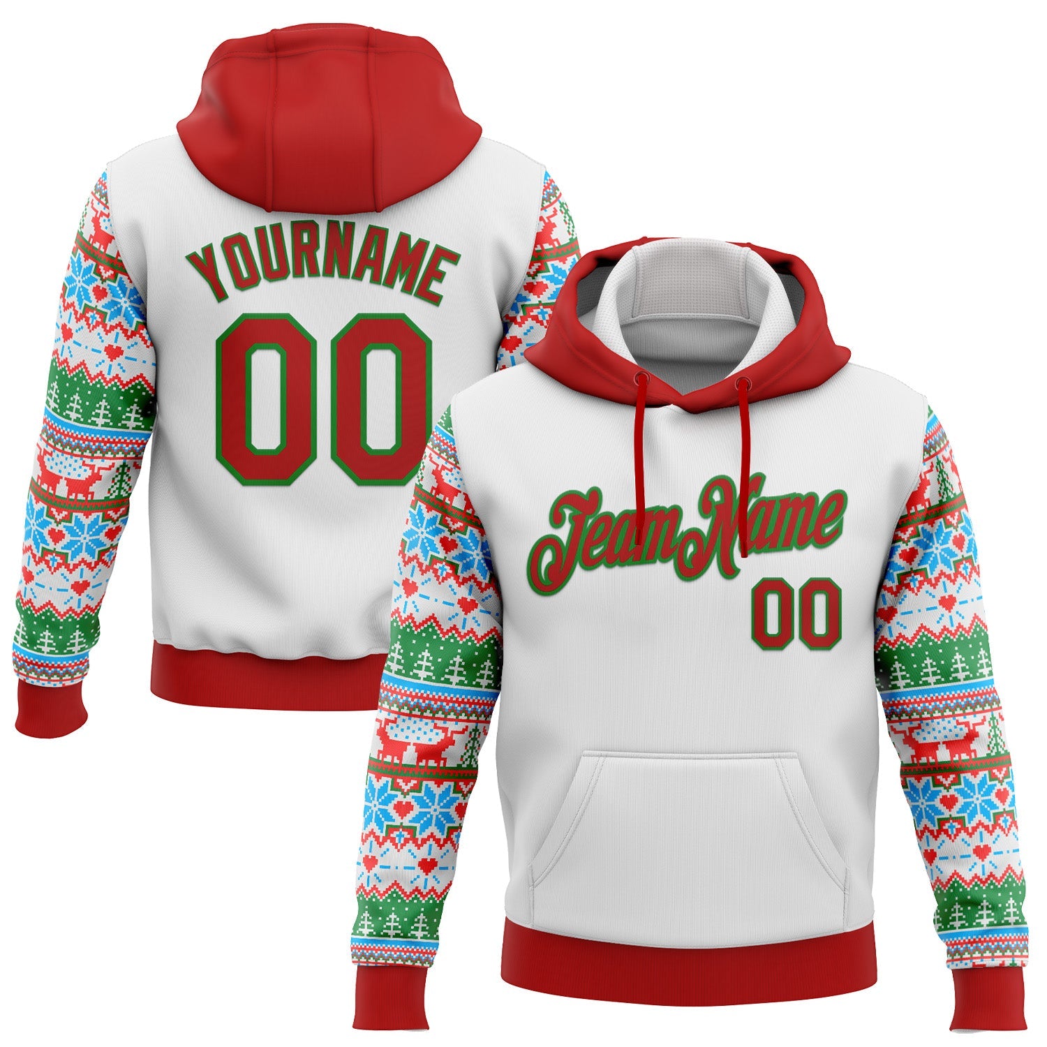 Custom Stitched White Red-Grass Green Christmas 3D Sports Pullover Sweatshirt Hoodie - Main View