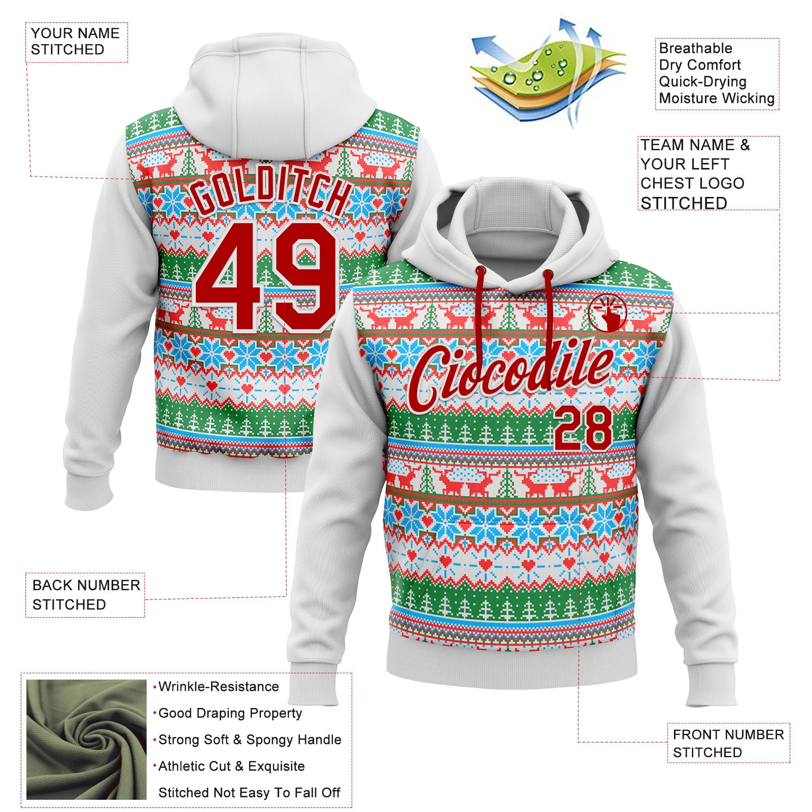 Custom Stitched White Red Christmas 3D Sports Pullover Sweatshirt Hoodie view 2