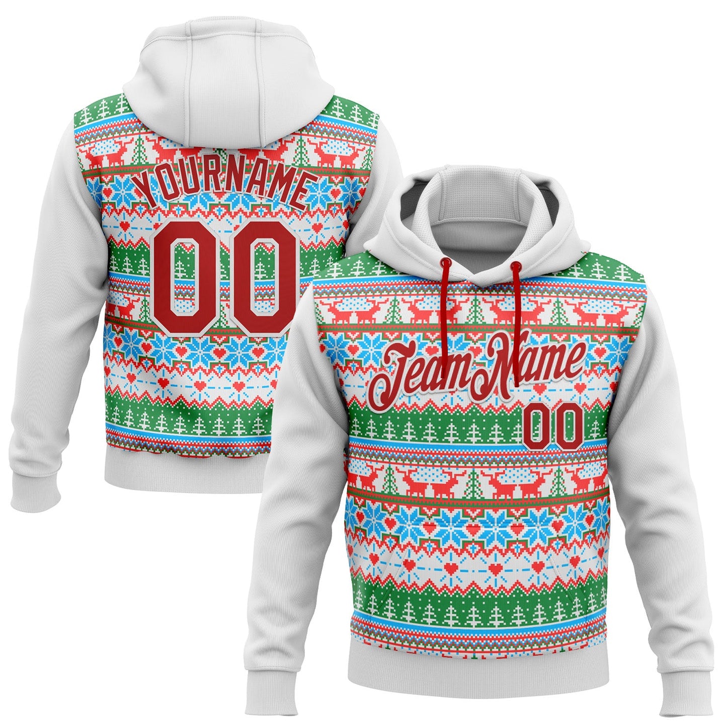 Custom Stitched White Red Christmas 3D Sports Pullover Sweatshirt Hoodie - Main View