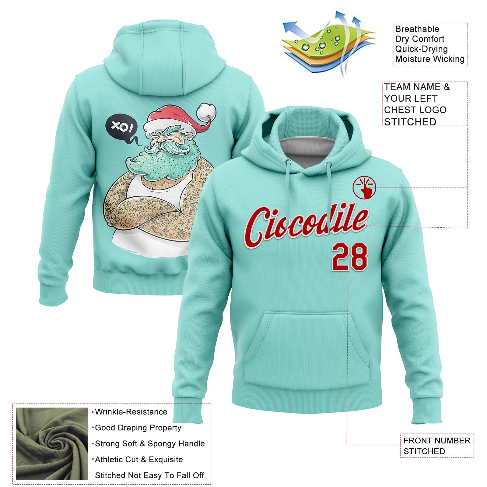 Custom Stitched Ice Blue Red-White Funny Christmas 3D Sports Pullover Sweatshirt Hoodie view 2