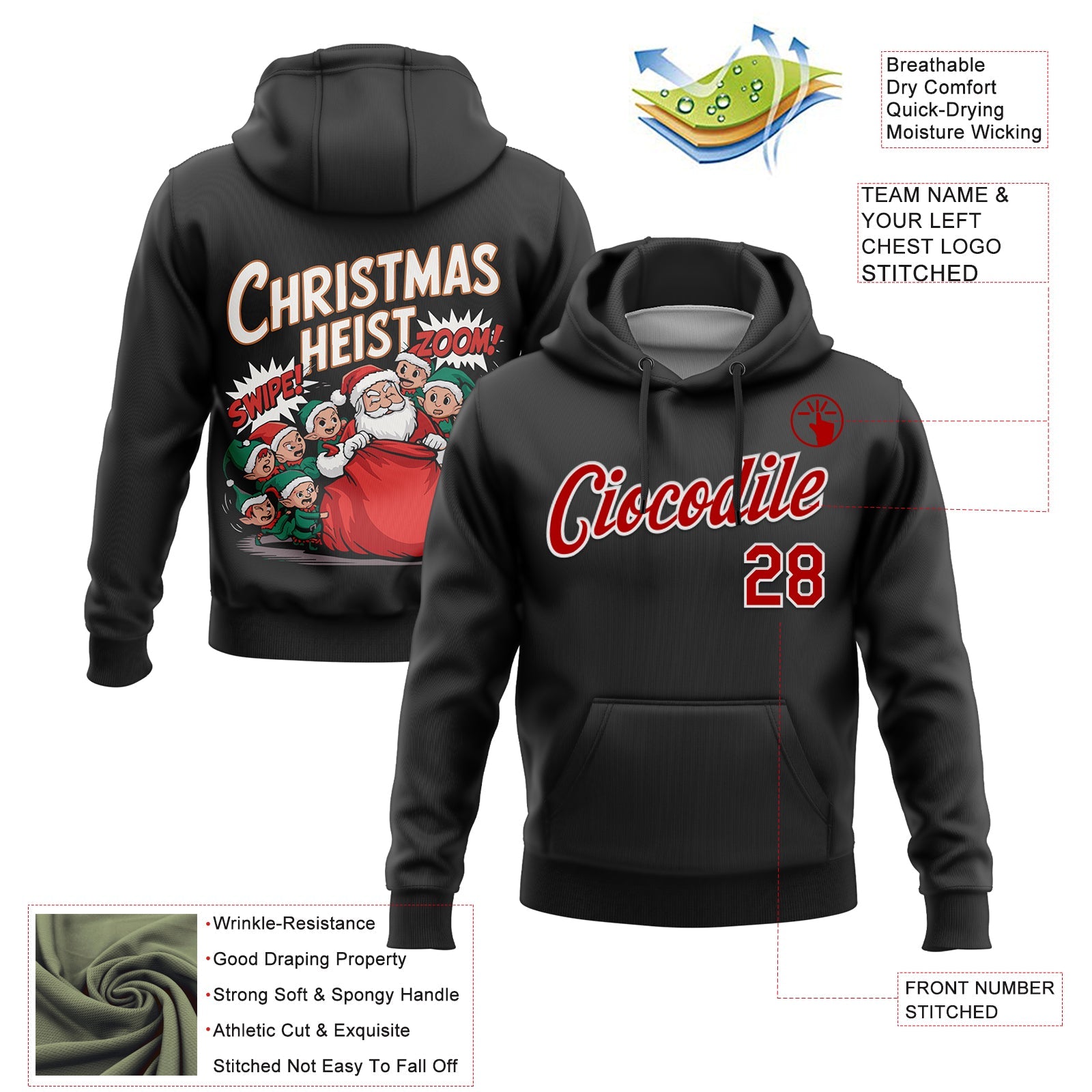 Custom Stitched Black Red-White Funny Christmas 3D Sports Pullover Sweatshirt Hoodie view 2