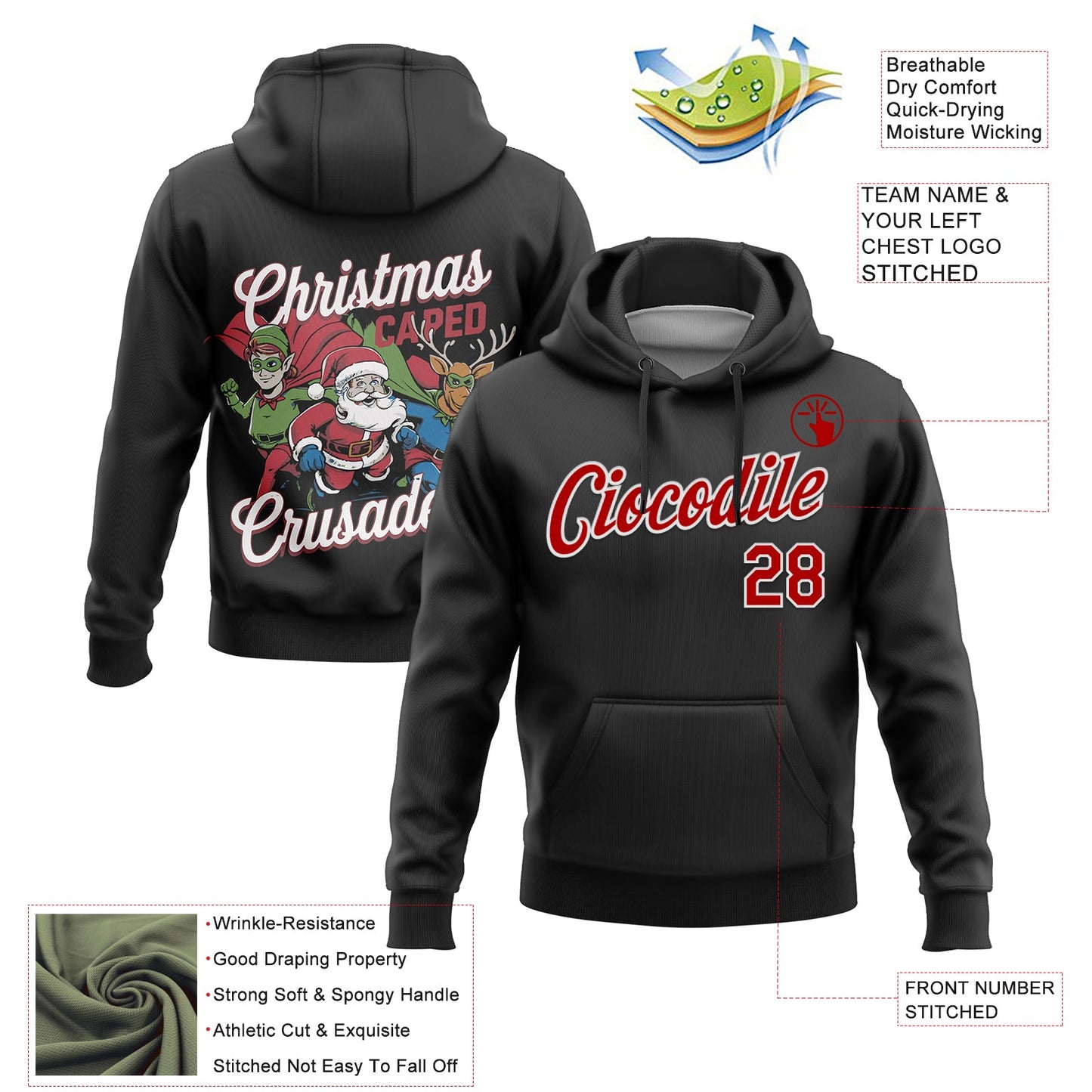 Custom Stitched Black Red-White Funny Christmas 3D Sports Pullover Sweatshirt Hoodie view 2