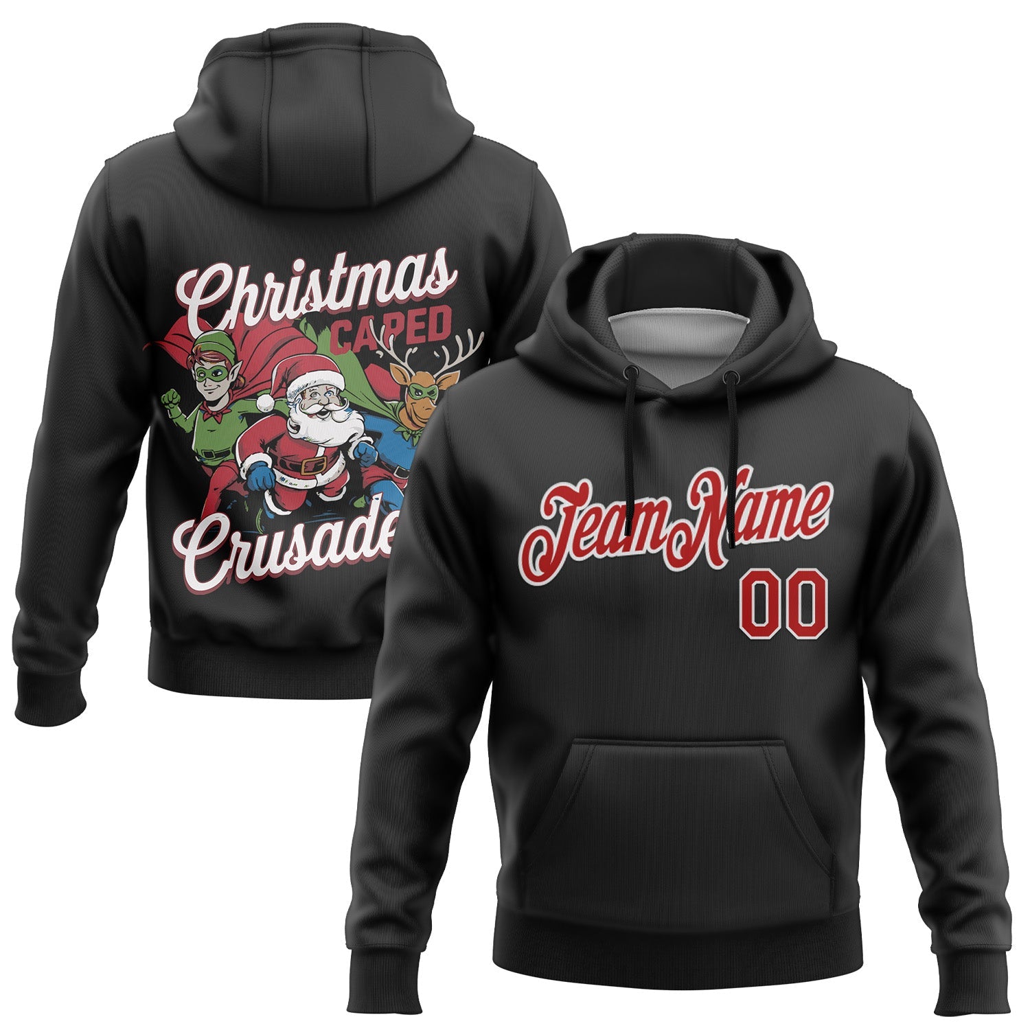 Custom Stitched Black Red-White Funny Christmas 3D Sports Pullover Sweatshirt Hoodie - Main View