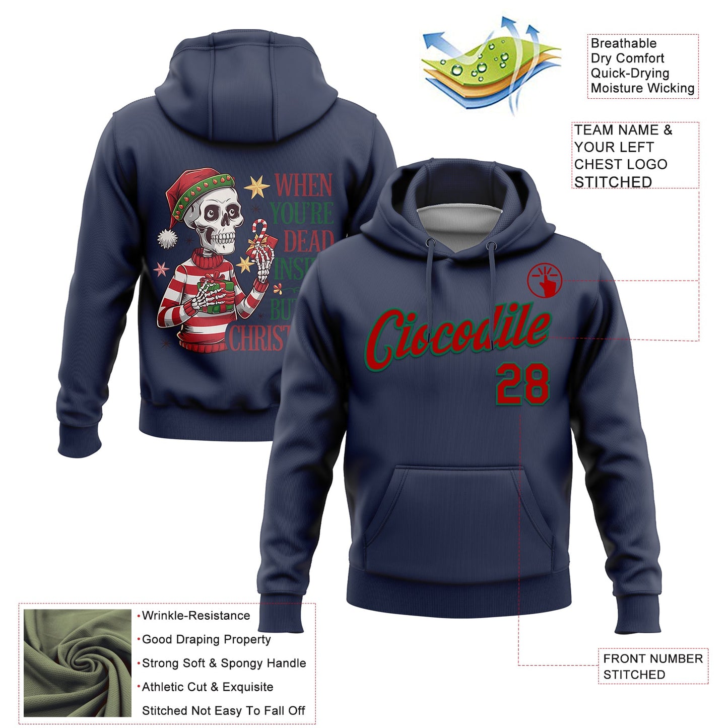 Custom Stitched Navy Kelly Green-Red Funny Christmas 3D Sports Pullover Sweatshirt Hoodie view 2