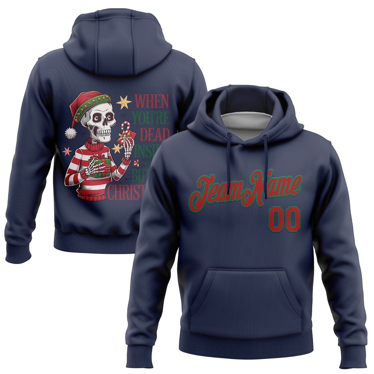 Custom Stitched Navy Kelly Green-Red Funny Christmas 3D Sports Pullover Sweatshirt Hoodie - Main View