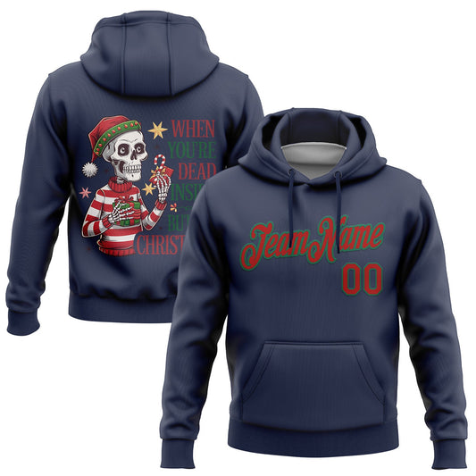 Custom Stitched Navy Kelly Green-Red Funny Christmas 3D Sports Pullover Sweatshirt Hoodie - Main View