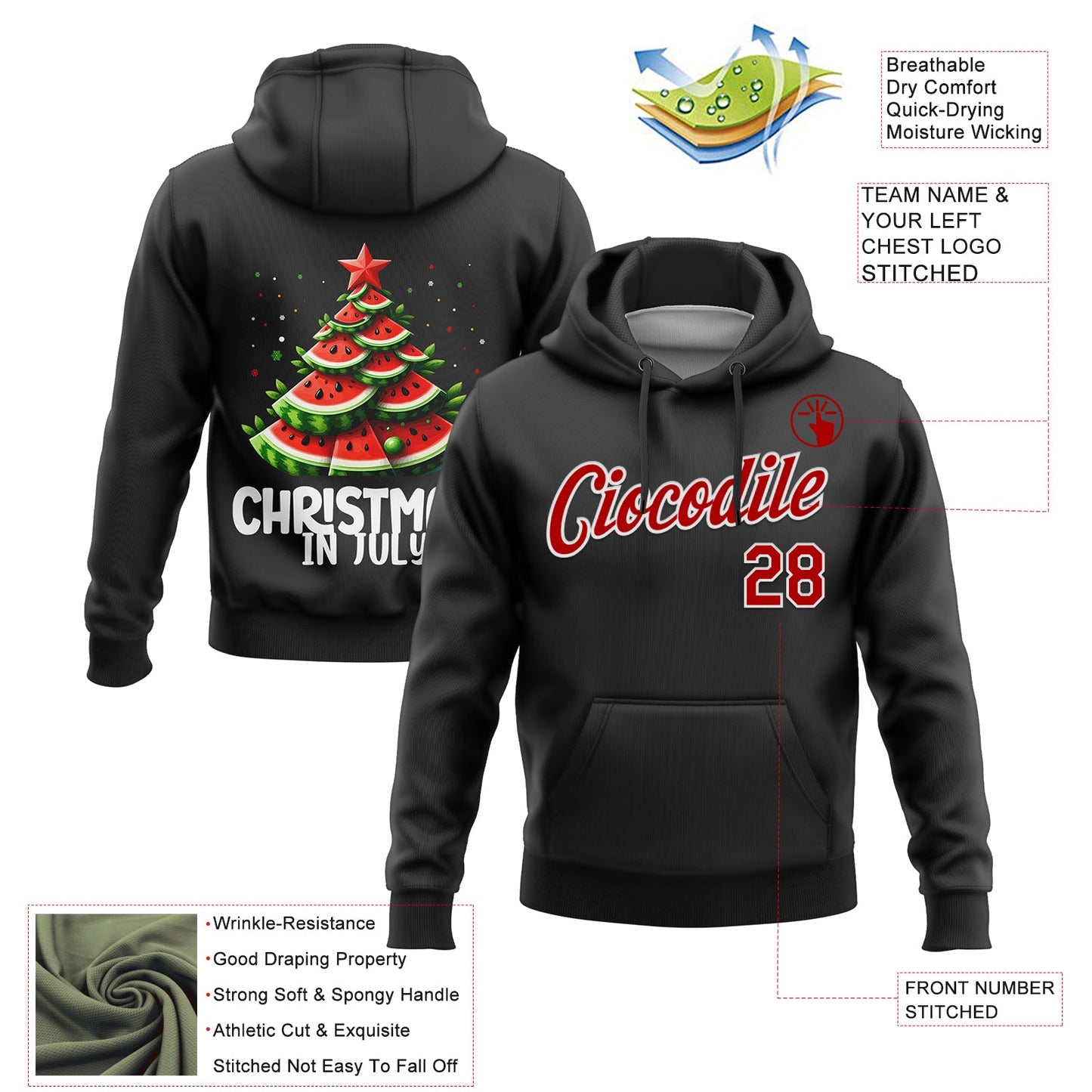Custom Stitched Black Red-White Funny Christmas 3D Sports Pullover Sweatshirt Hoodie view 2