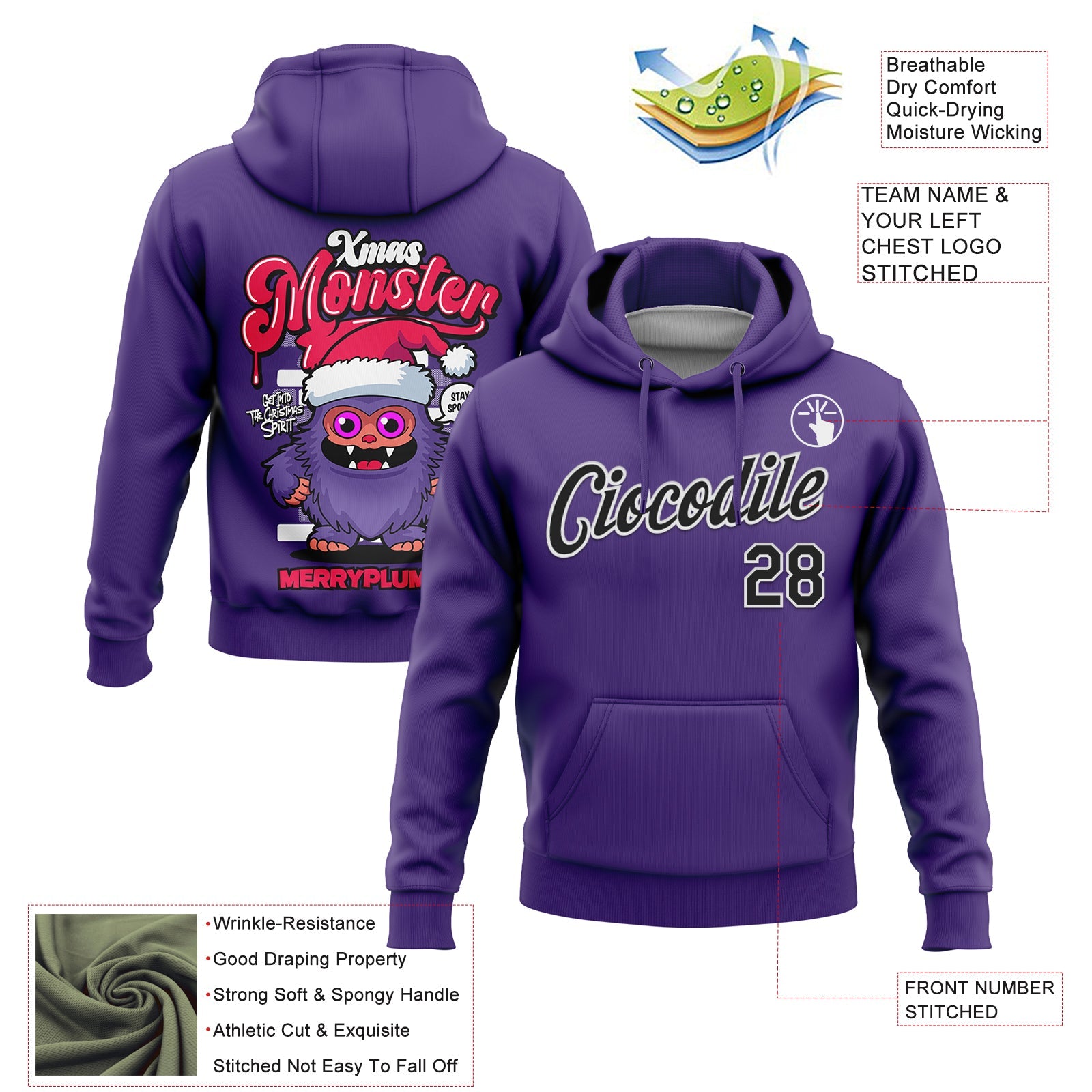 Custom Stitched Purple Black-White Funny Christmas 3D Sports Pullover Sweatshirt Hoodie view 2