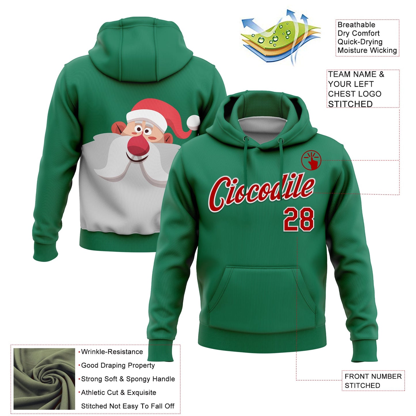 Custom Stitched Kelly Green Red-White Funny Christmas 3D Sports Pullover Sweatshirt Hoodie view 2
