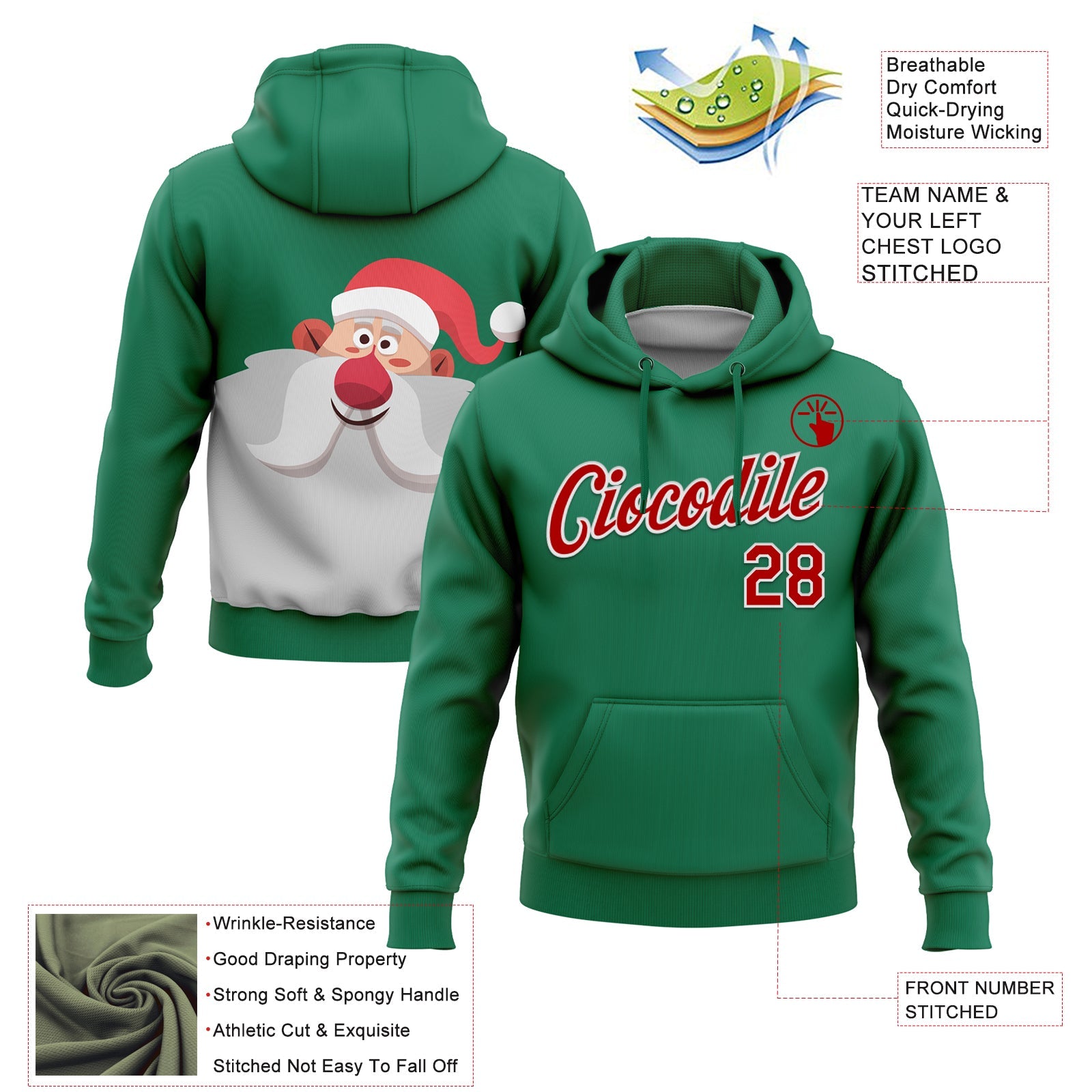 Custom Stitched Kelly Green Red-White Funny Christmas 3D Sports Pullover Sweatshirt Hoodie view 2