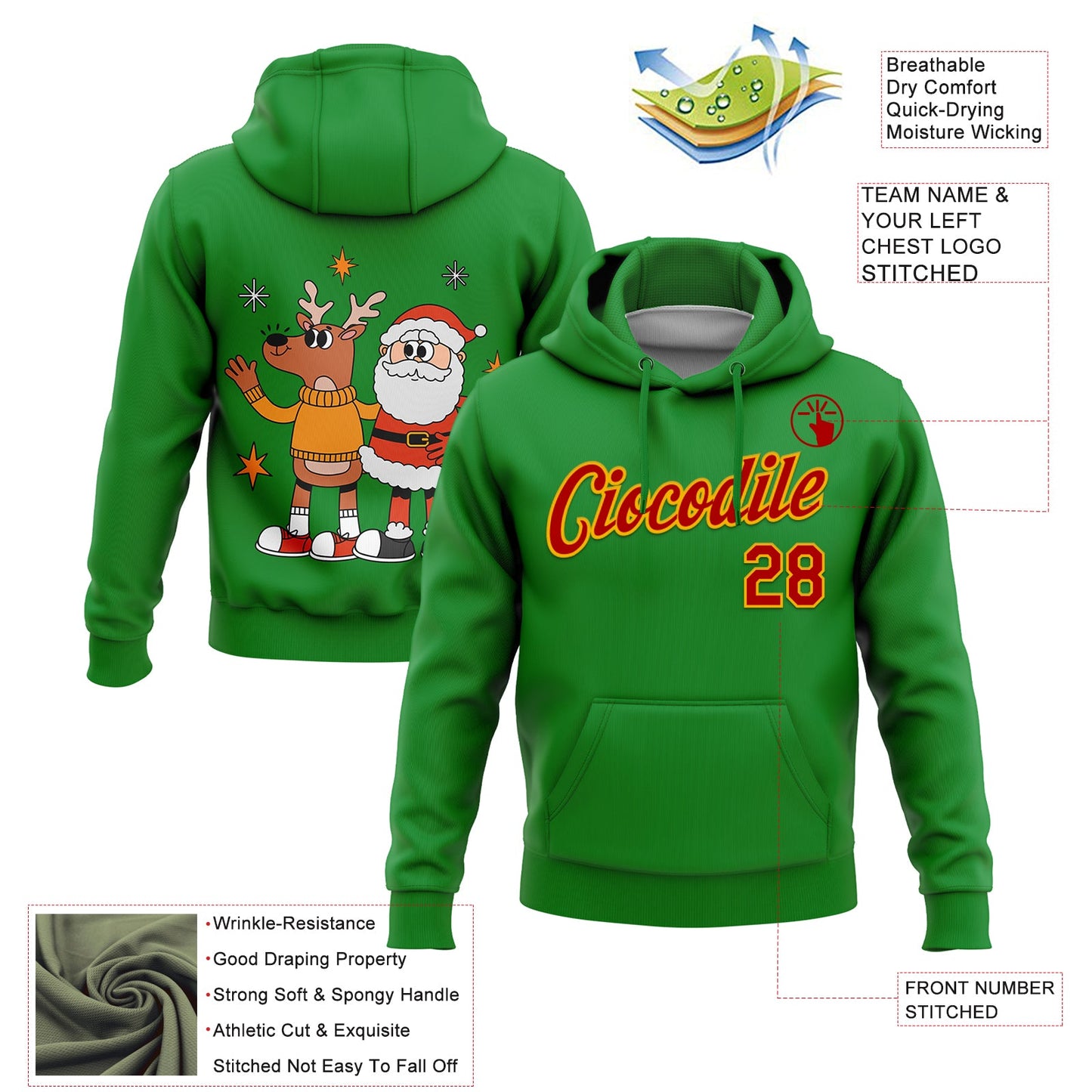 Custom Stitched Grass Green Red-Gold Funny Christmas 3D Sports Pullover Sweatshirt Hoodie view 2