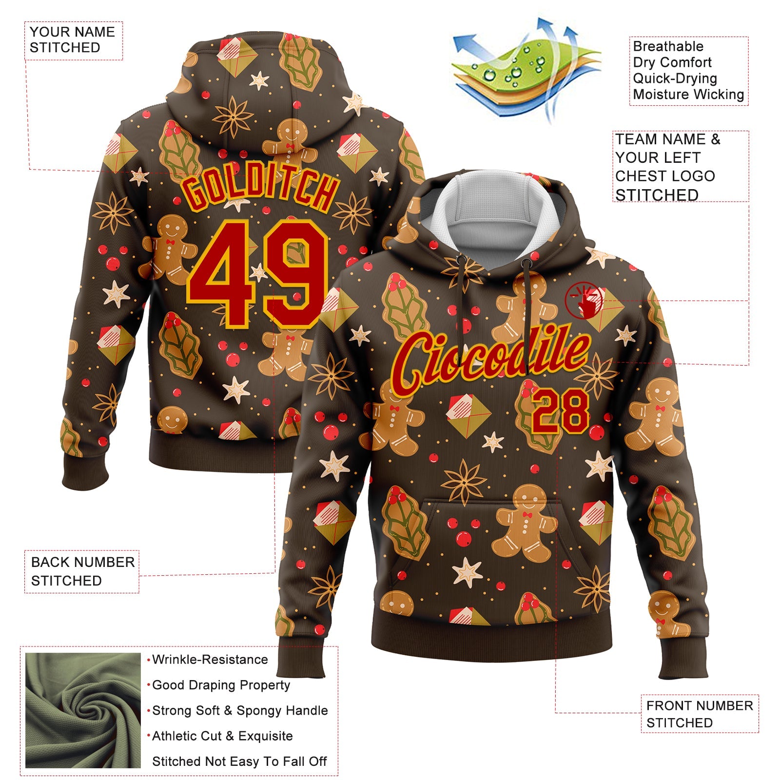 Custom Stitched Brown Red-Gold Funny Christmas 3D Sports Pullover Sweatshirt Hoodie view 2