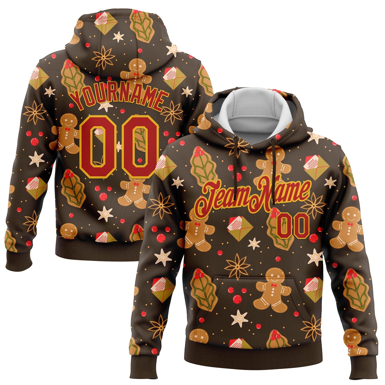 Custom Stitched Brown Red-Gold Funny Christmas 3D Sports Pullover Sweatshirt Hoodie - Main View