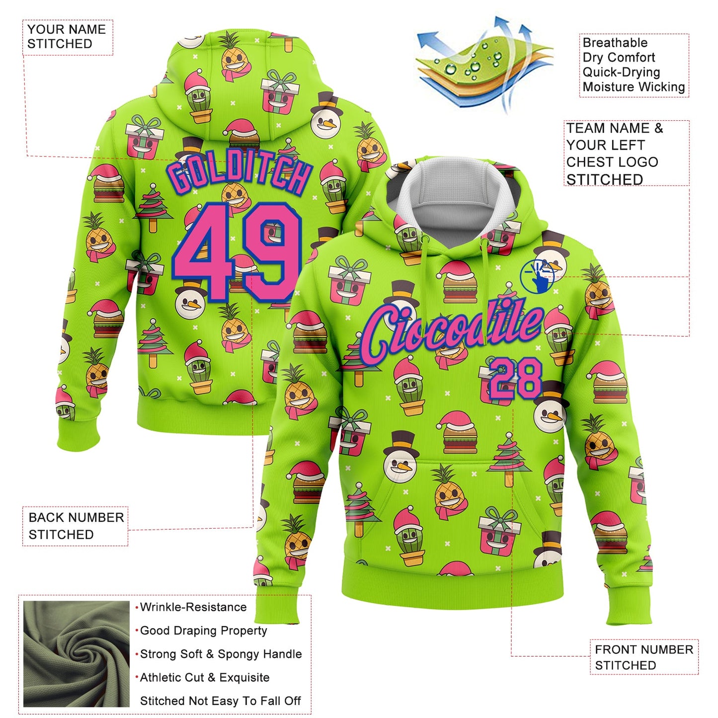 Custom Stitched Neon Green Pink-Thunder Blue Funny Christmas 3D Sports Pullover Sweatshirt Hoodie view 2