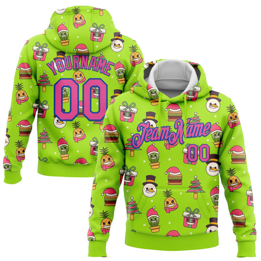 Custom Stitched Neon Green Pink-Thunder Blue Funny Christmas 3D Sports Pullover Sweatshirt Hoodie - Main View