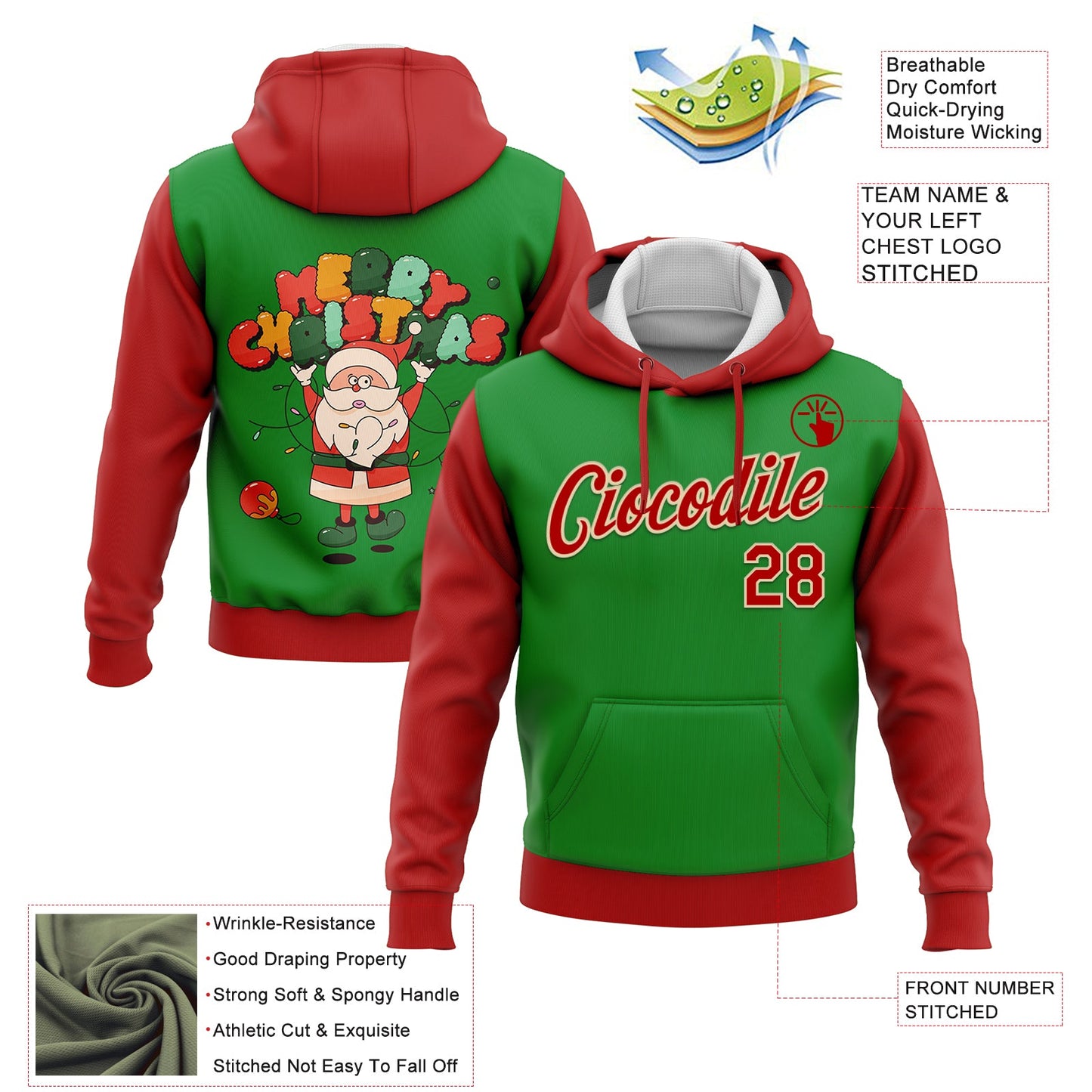 Custom Stitched Grass Green Red-Cream Funny Christmas 3D Sports Pullover Sweatshirt Hoodie view 2
