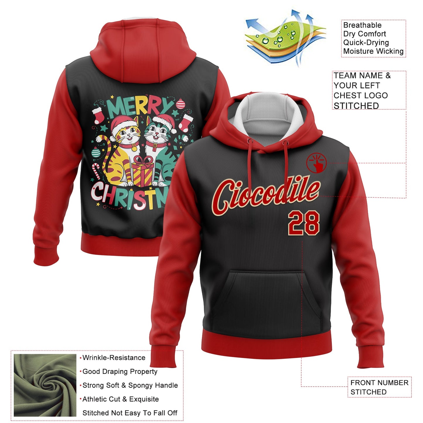 Custom Stitched Black Red-Cream Funny Christmas 3D Sports Pullover Sweatshirt Hoodie view 2
