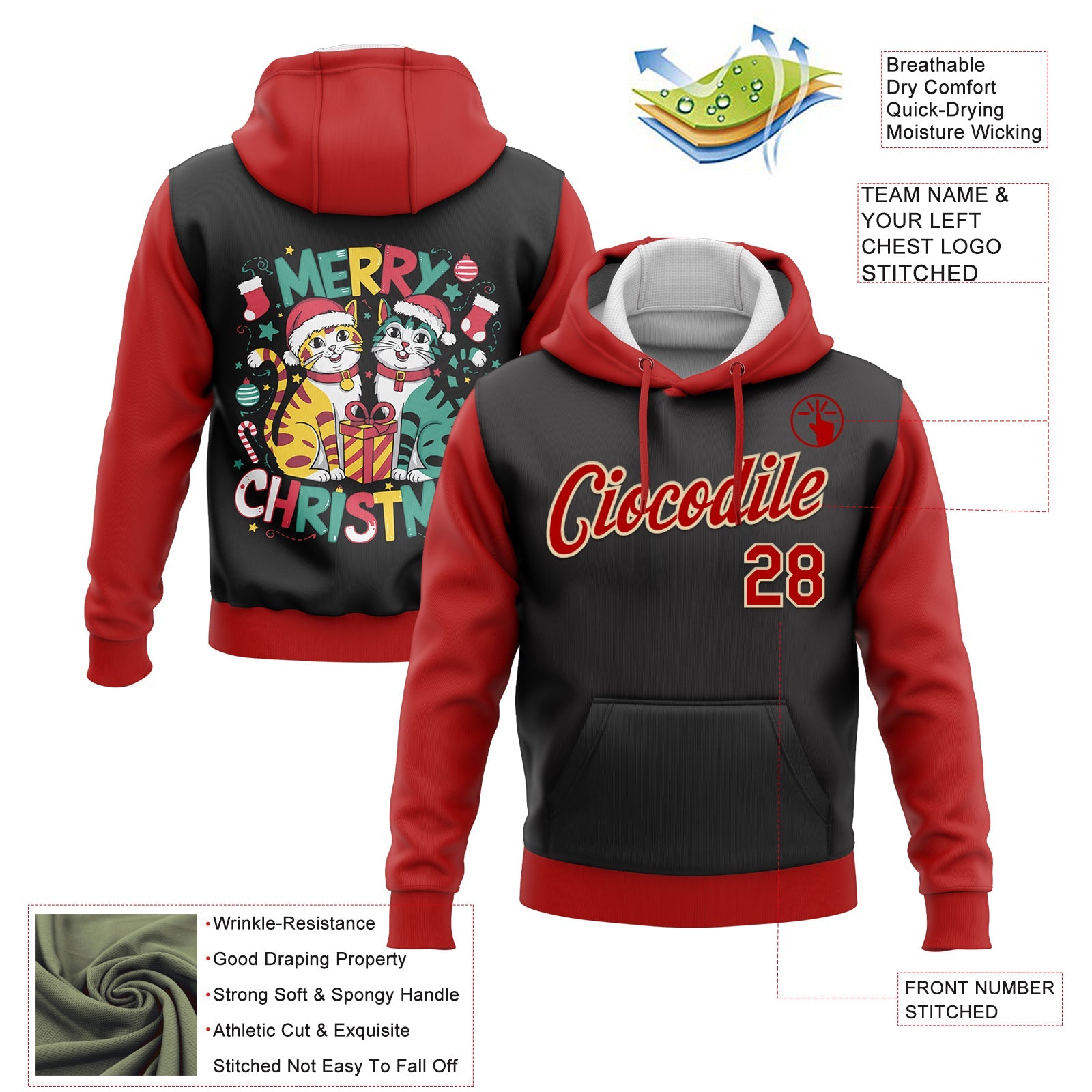 Custom Stitched Black Red-Cream Funny Christmas 3D Sports Pullover Sweatshirt Hoodie view 2