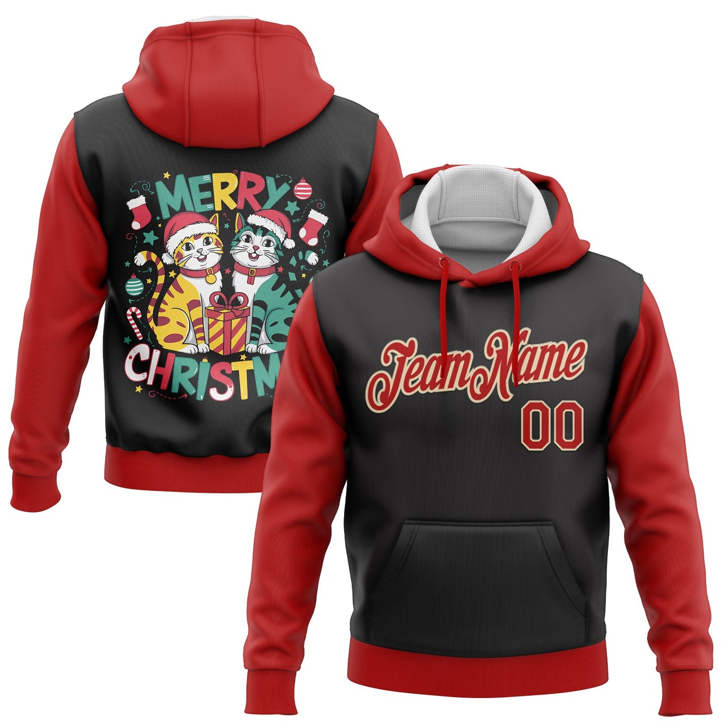 Custom Stitched Black Red-Cream Funny Christmas 3D Sports Pullover Sweatshirt Hoodie - Main View