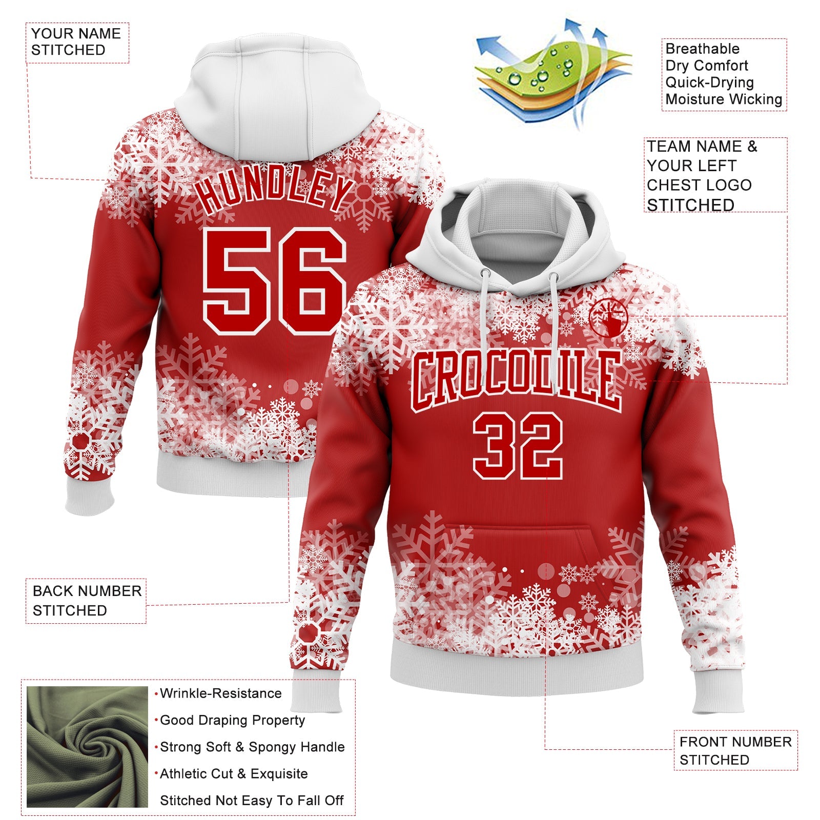 Custom Stitched Red White Christmas Snowflakes 3D Sports Pullover Sweatshirt Hoodie view 2