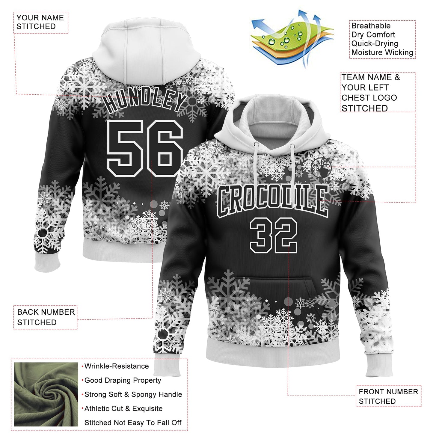 Custom Stitched Black White Christmas Snowflakes 3D Sports Pullover Sweatshirt Hoodie view 2