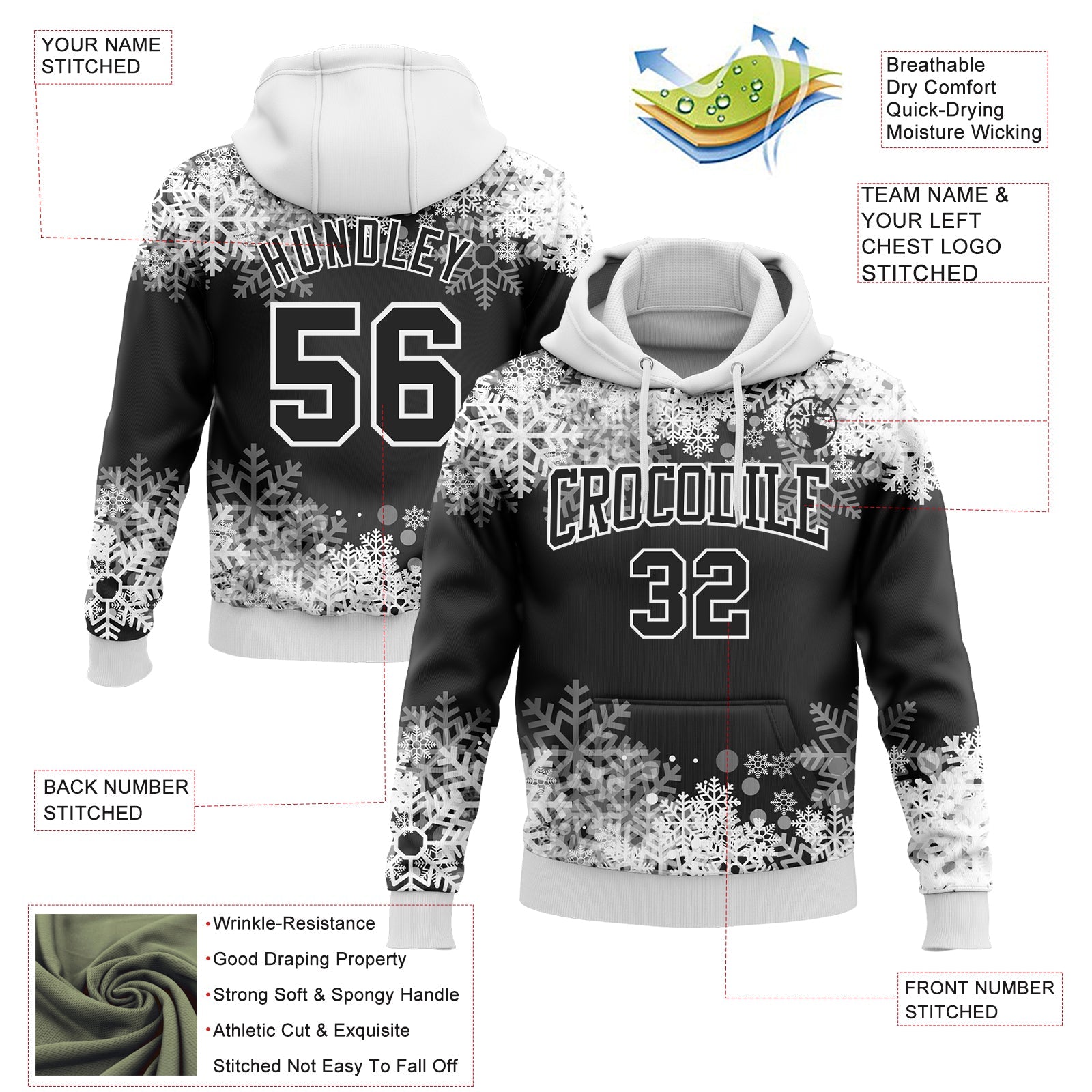 Custom Stitched Black White Christmas Snowflakes 3D Sports Pullover Sweatshirt Hoodie view 2