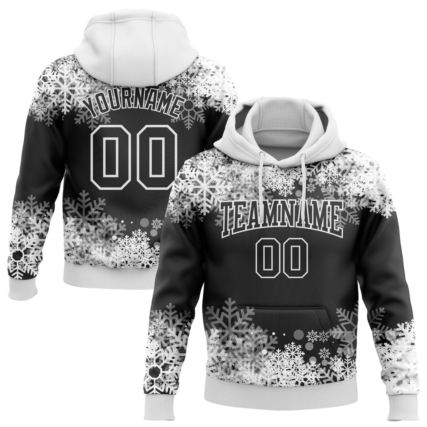 Custom Stitched Black White Christmas Snowflakes 3D Sports Pullover Sweatshirt Hoodie - Main View