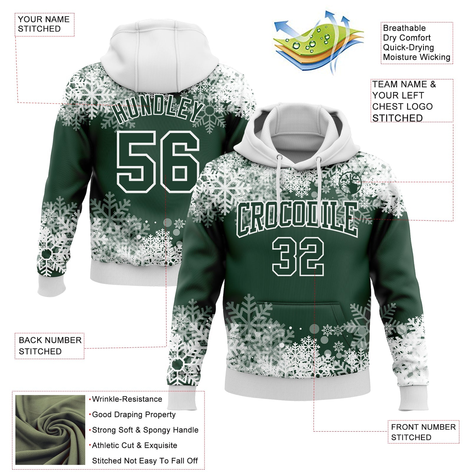 Custom Stitched Green White Christmas Snowflakes 3D Sports Pullover Sweatshirt Hoodie view 2