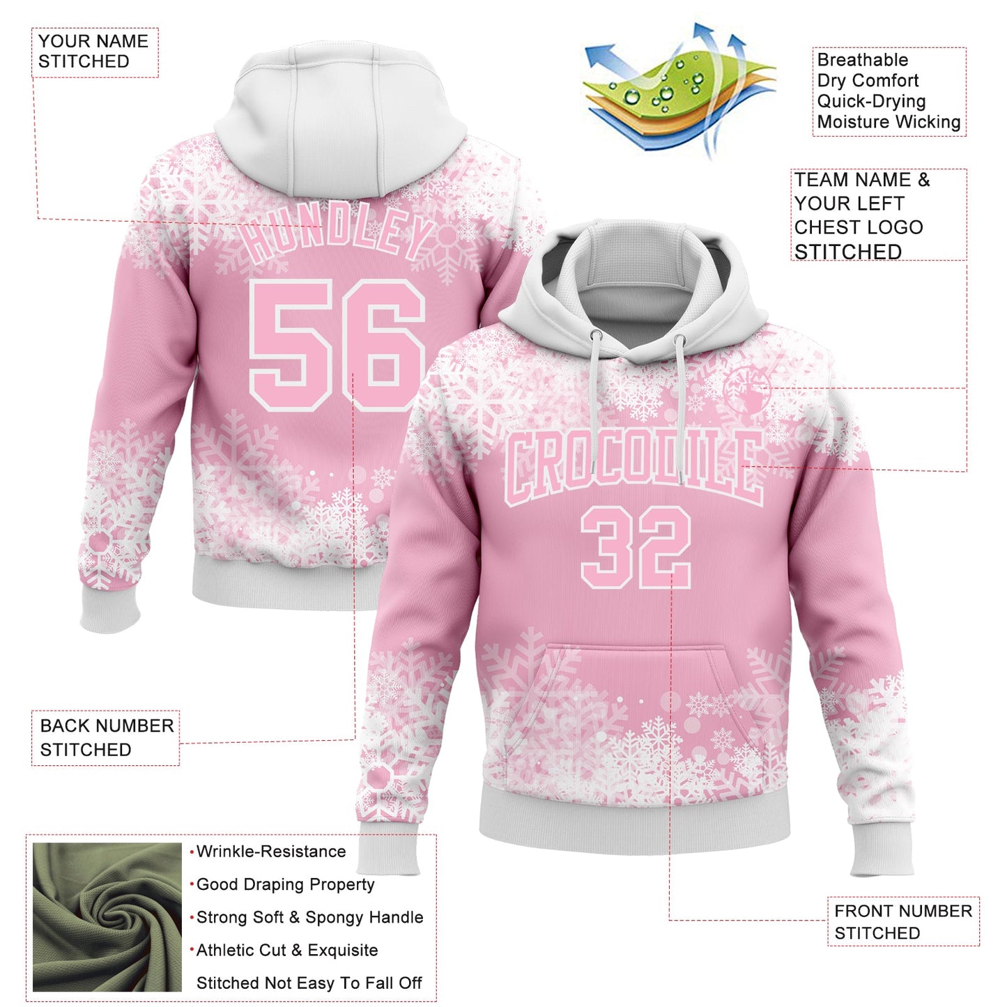 Custom Stitched Light Pink White Christmas Snowflakes 3D Sports Pullover Sweatshirt Hoodie view 2
