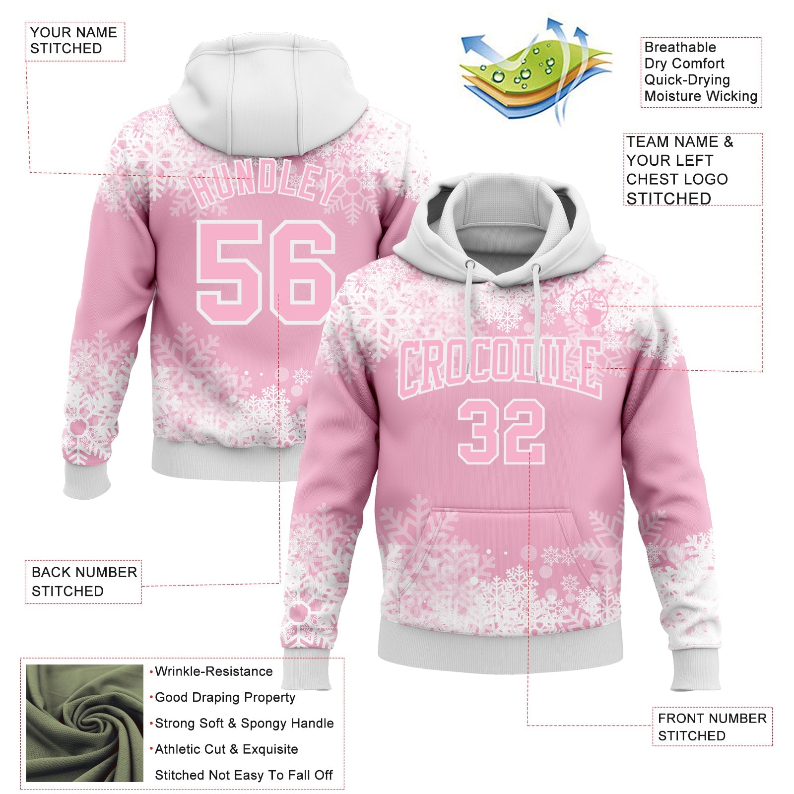 Custom Stitched Light Pink White Christmas Snowflakes 3D Sports Pullover Sweatshirt Hoodie view 2