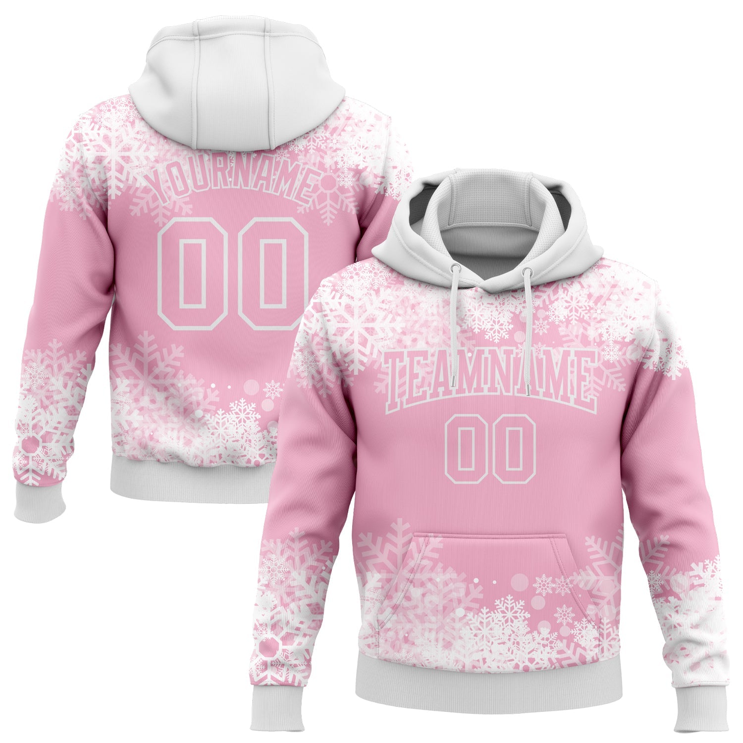 Custom Stitched Light Pink White Christmas Snowflakes 3D Sports Pullover Sweatshirt Hoodie - Main View