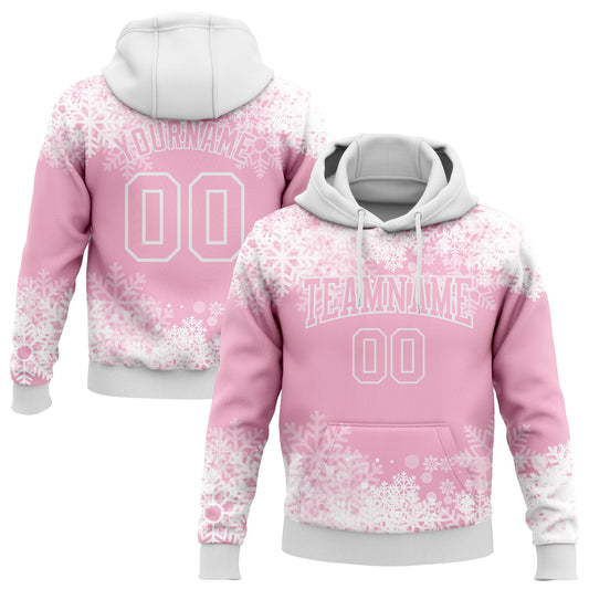 Custom Stitched Light Pink White Christmas Snowflakes 3D Sports Pullover Sweatshirt Hoodie - Main View