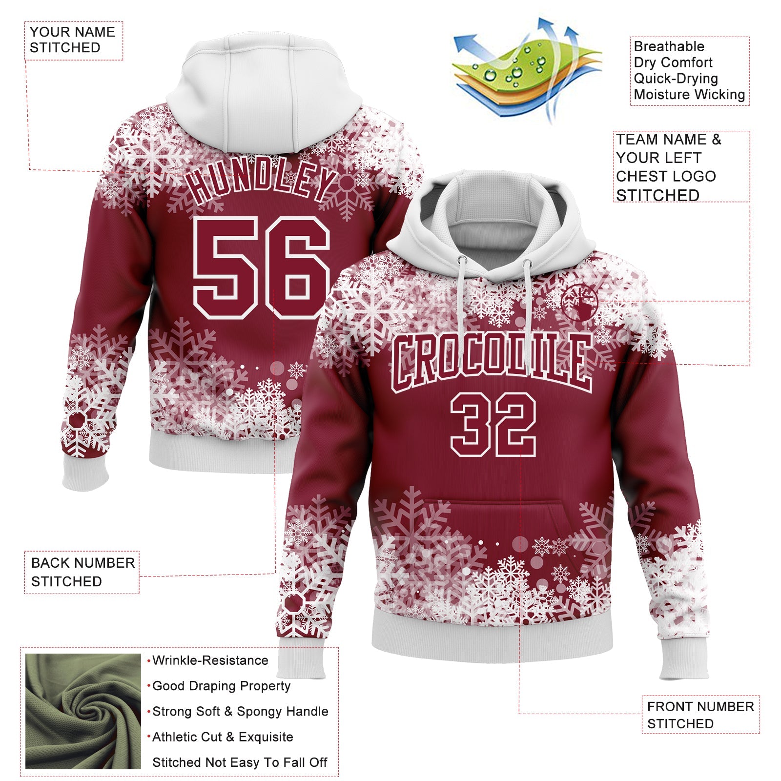 Custom Stitched Crimson White Christmas Snowflakes 3D Sports Pullover Sweatshirt Hoodie view 2