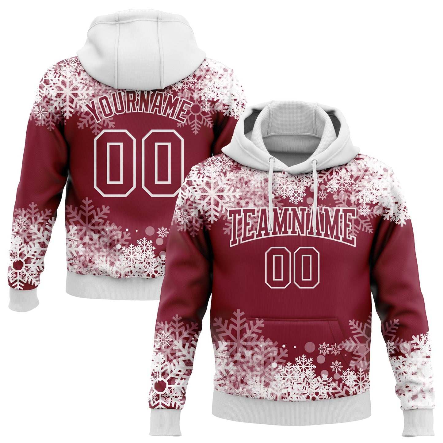 Custom Stitched Crimson White Christmas Snowflakes 3D Sports Pullover Sweatshirt Hoodie - Main View