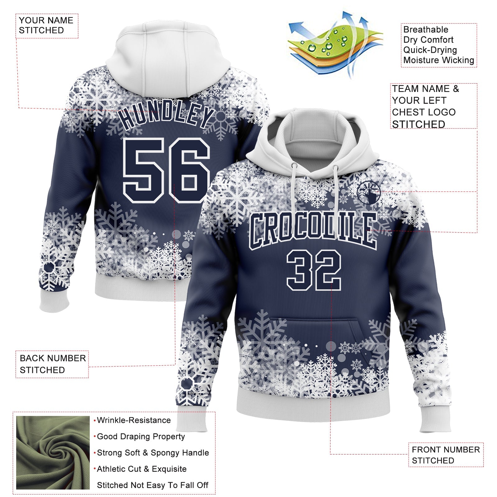 Custom Stitched Navy White Christmas Snowflakes 3D Sports Pullover Sweatshirt Hoodie view 2