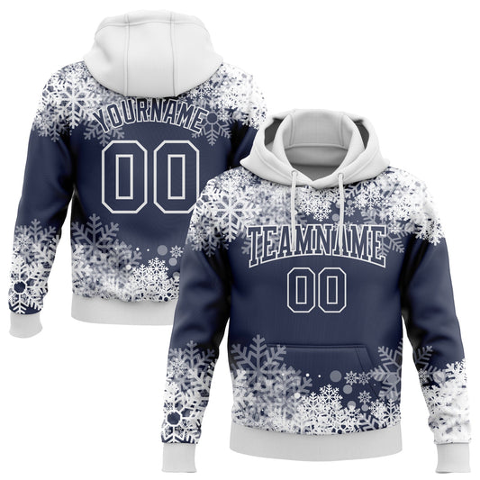 Custom Stitched Navy White Christmas Snowflakes 3D Sports Pullover Sweatshirt Hoodie - Main View