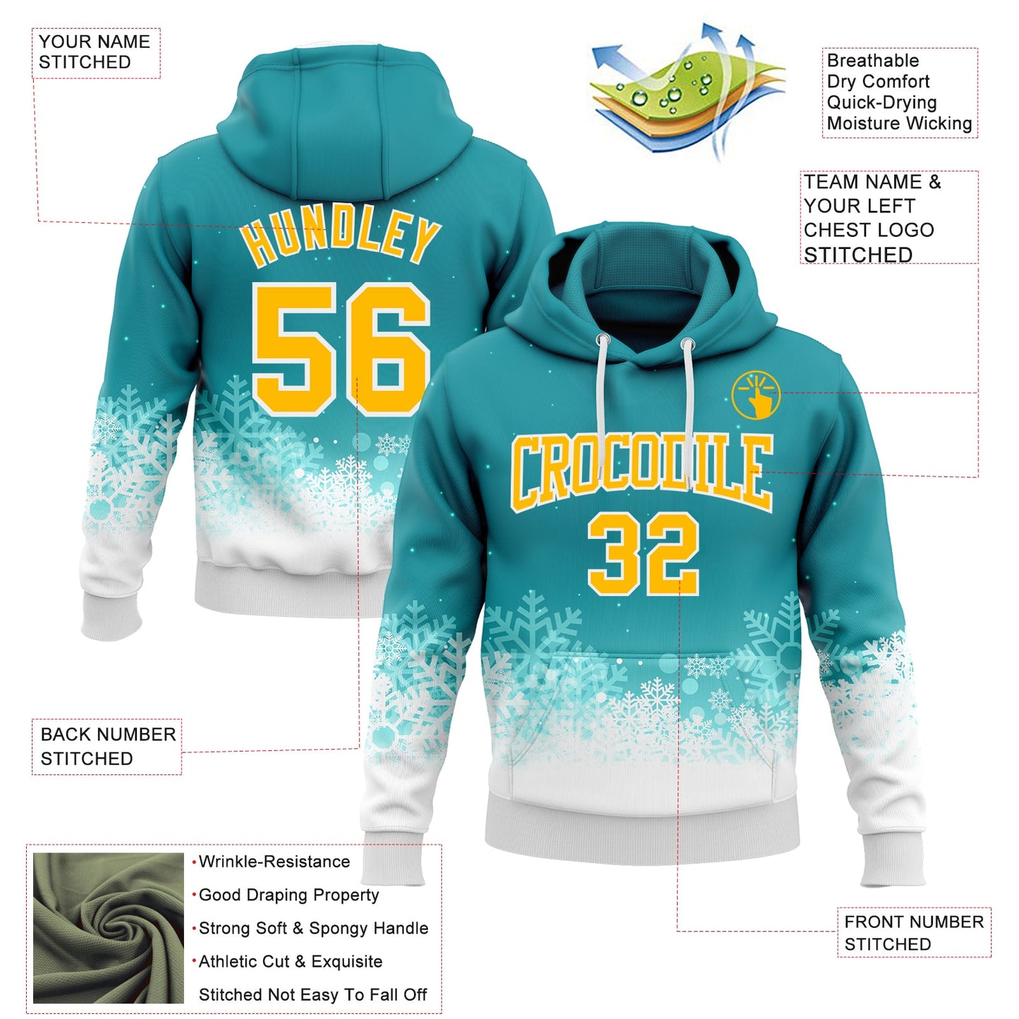 Custom Stitched Teal Gold-White Christmas Snowflakes 3D Sports Pullover Sweatshirt Hoodie view 2