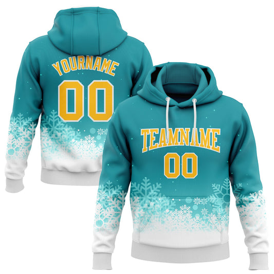 Custom Stitched Teal Gold-White Christmas Snowflakes 3D Sports Pullover Sweatshirt Hoodie - Main View